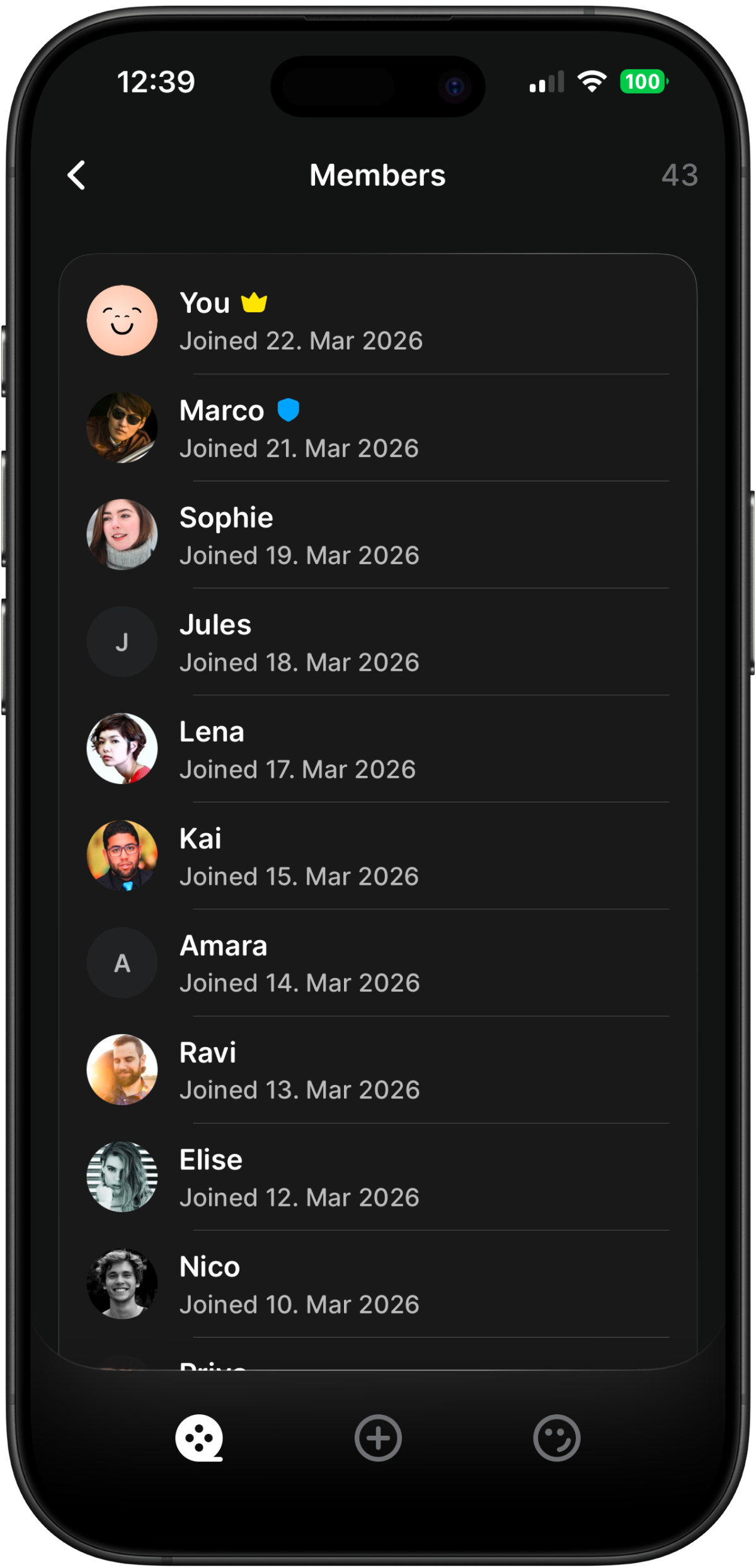 Members list showing all roll participants